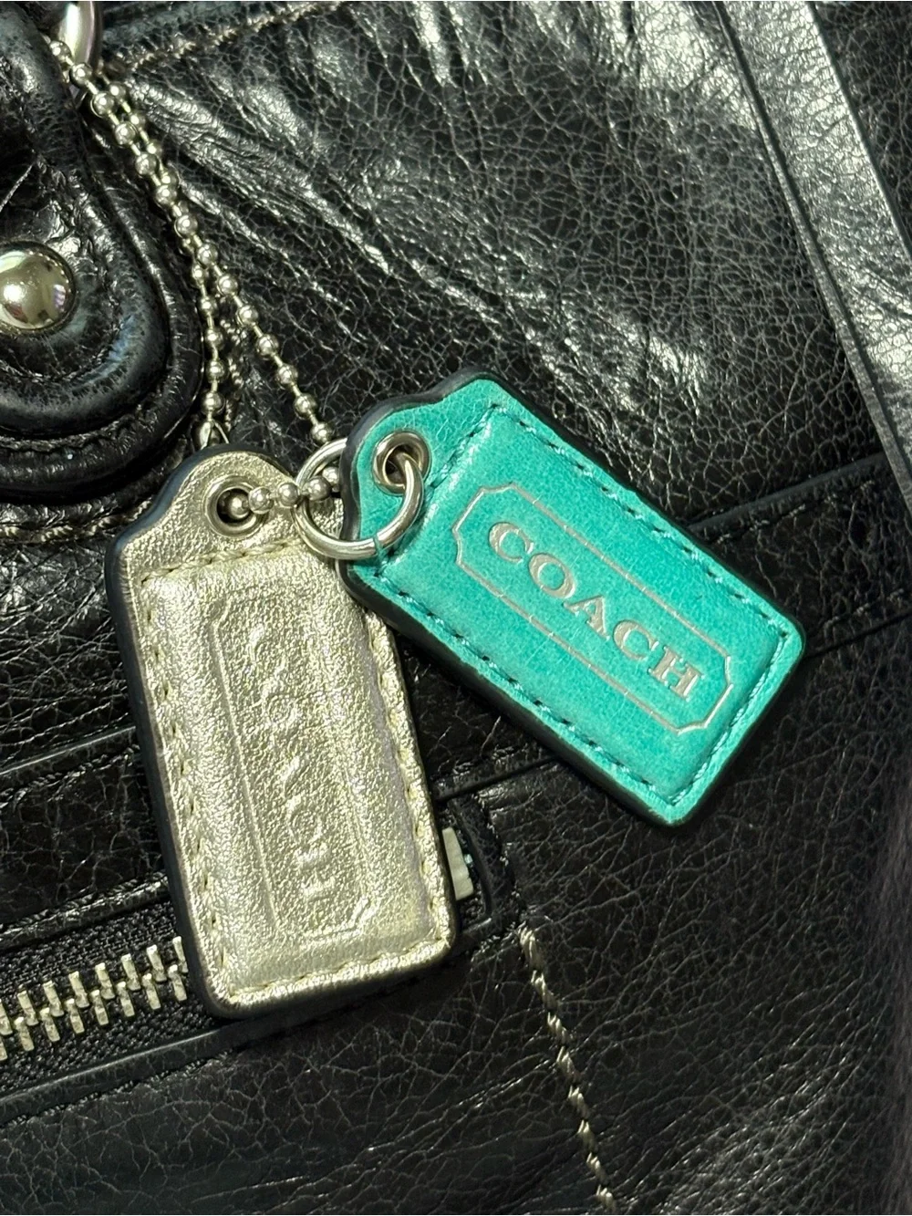 COACH Black Leather Shoulder Bag with Teal and Cream Tags